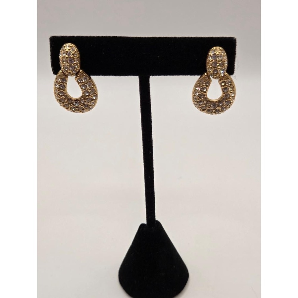 Vtg Vonelle Swarovski Crystal Door Knocker Earrings Gold Tone Surgical Steel NOS